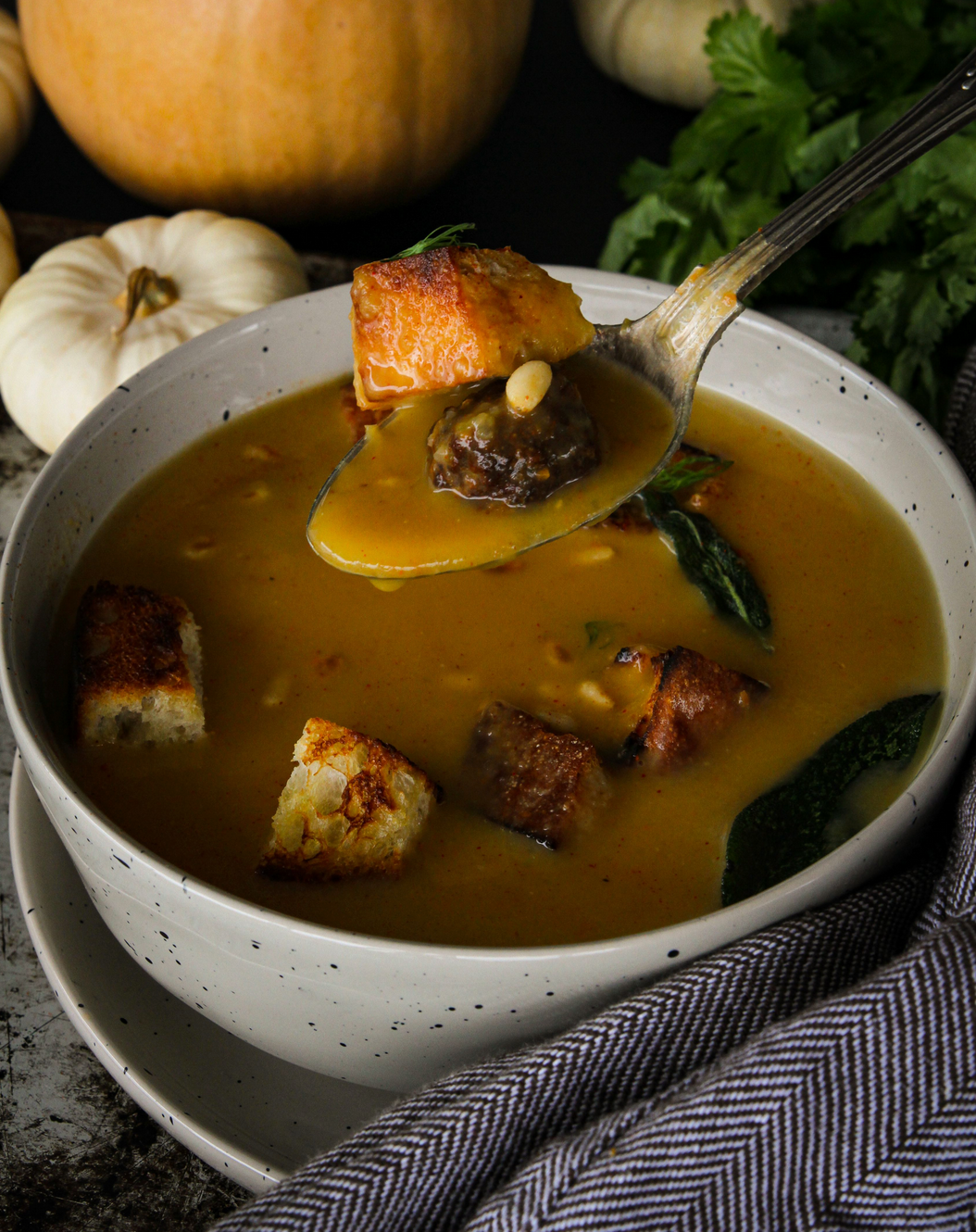 Smoked Bison Meatballs and Butternut Squash Soup